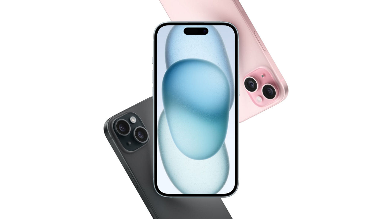 Back views of one Pink and one Blue Titanium iPhone15 and a front view of a Blue Titanium iPhone 15.