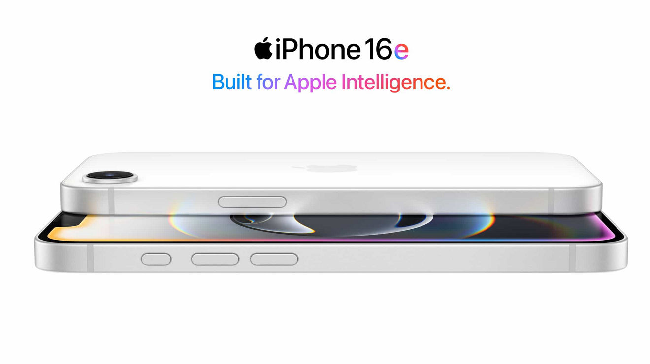 Horizontal side views of two Apple iPhone 16e devices; Built for Apple Intelligence.