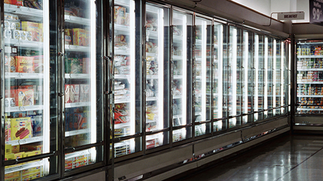 The frozen food aisle of a supermarket.