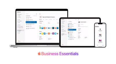 Apple Business Essentials UI on a MacBook, iPad, and iPhone above the Business Essentials logo. 