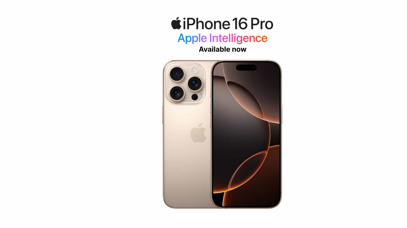 Two Apple iPhone 16 Pro devices, shown front and back; Apple Intelligence available now.