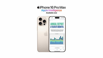 Two Apple iPhone 16 Pro Max devices shown front and back; Apple Intelligence available now.