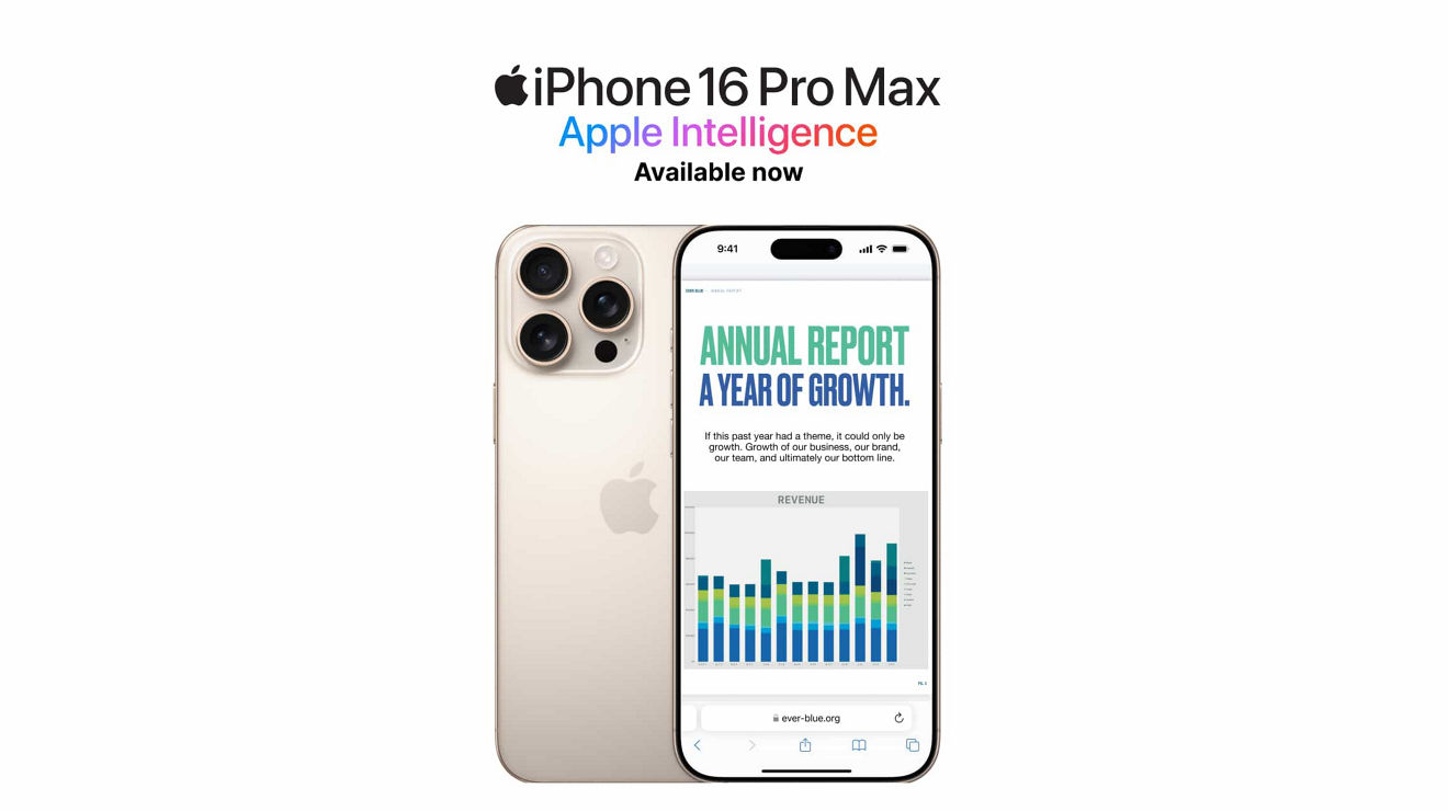 Two Apple iPhone 16 Pro Max devices shown front and back; Apple Intelligence available now.