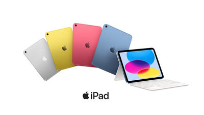 Four iPad (A16) devices shown in silver, yellow, pink, and blue, plus one iPad (A16) with a keyboard.