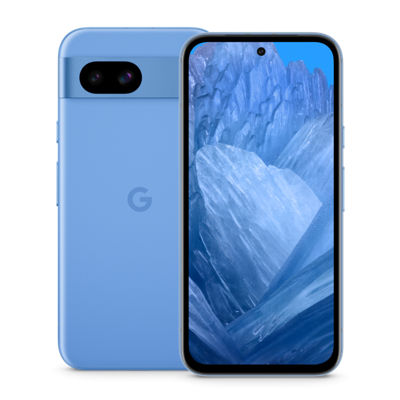 Front and back of blue Google Pixel 8a.