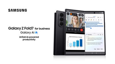 A Galaxy Z Fold7 shown closed and open, displays a video call, bar chart with summary, and call notes.
