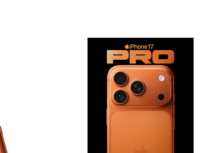 The back of a Cosmic Orange iPhone 17 Pro with the words iPhone 17 Pro.