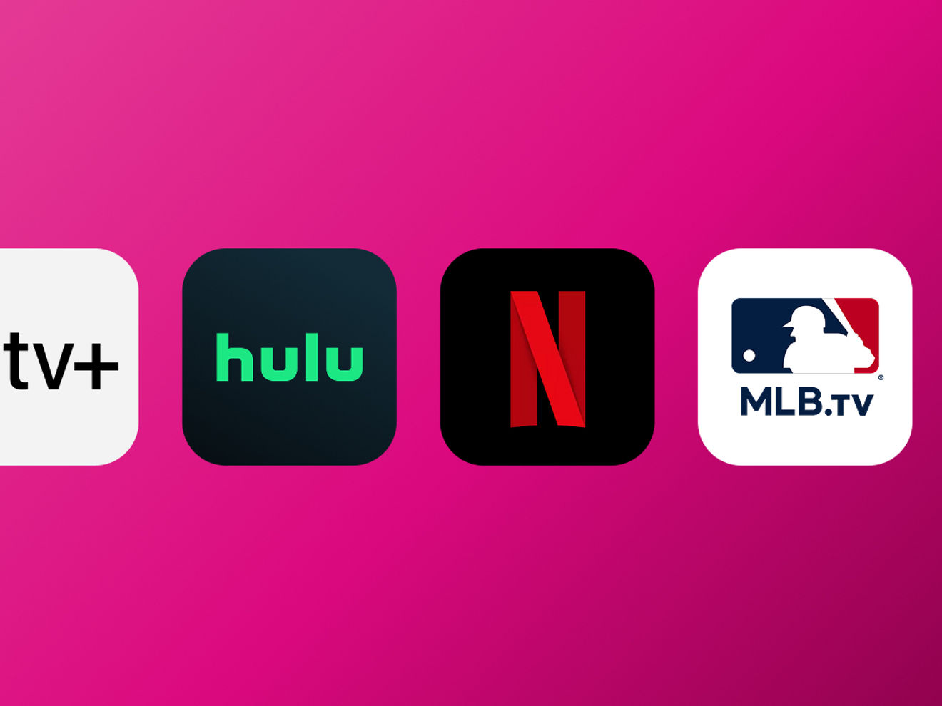 Apple TV+, Hulu, Netflix, and MLB.tv logos pictured